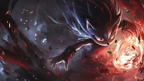 Anthropomorphic hedgehog figure amid swirling red energy.