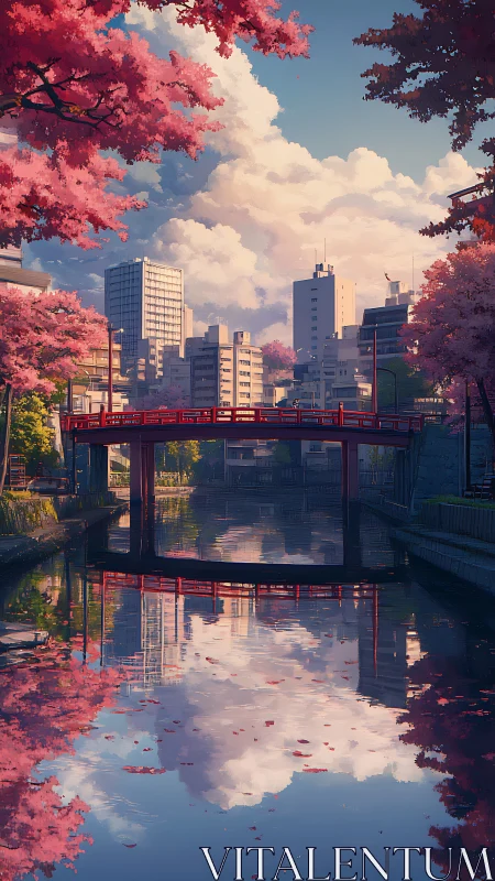 Digital city canal with red bridge and cherry blossoms.