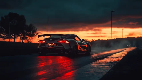 Rear view sports coupe travels on wet road at sunset