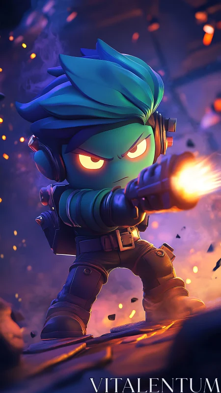 Cartoon soldier firing weapon in glowing battle scene.