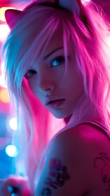Neon neko gaze in cotton candy cyberpunk glowstorm.