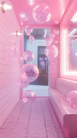 Iridescent bubbles in neon pink tiled corridor simulation.
