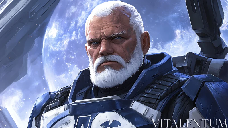 Veteran space commander in blue tactical exosuit portrait