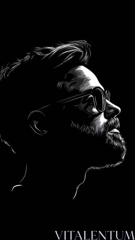Monochrome side profile of bearded man in sunglasses.
