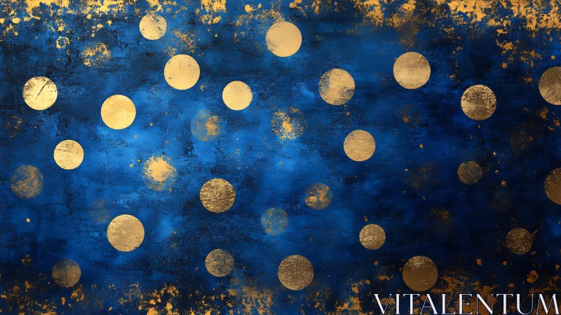 Abstract blue and gold polka dot art with textured metallic finish.