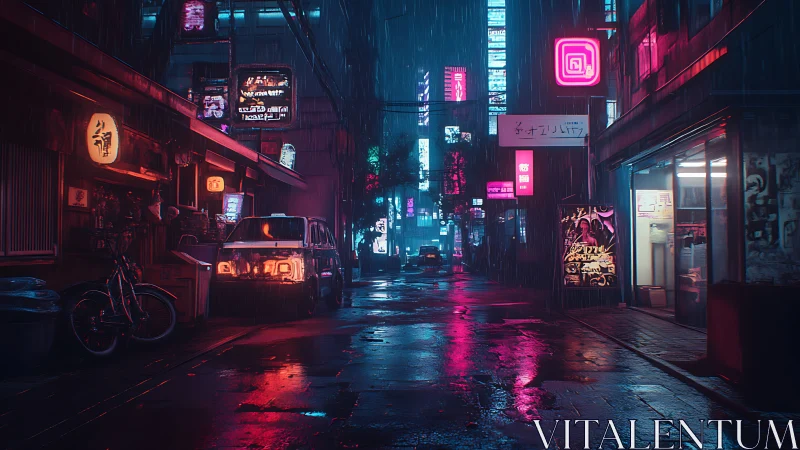 Neon alleyway in rain-soaked futuristic city street scene.