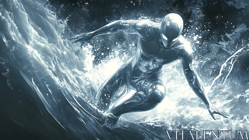 Chrome humanoid surfs turbulent monochrome energy wave