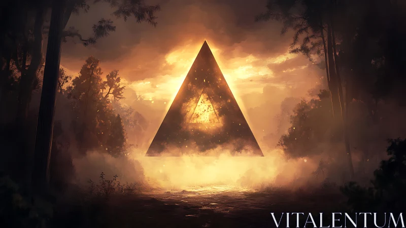 Glowing triangular portal floats in misty forest at dusk