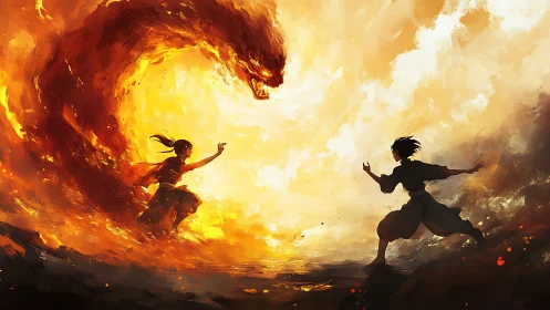 Two Warriors Face an Inferno Dragon in Epic Battle