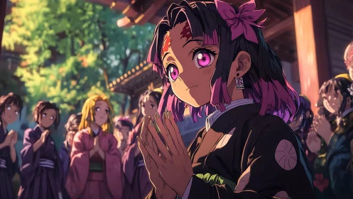 Anime shrine girl in prayer amid serene festival crowd.
