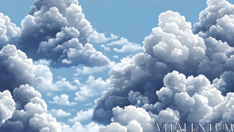 Billowing cumulus cloudscape drifts across a clear blue sky.