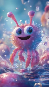 Hydrated micro-crustacean character in luminous fluid splash.