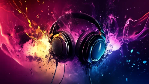 Explosive neon headphones suspended in swirling color storm.