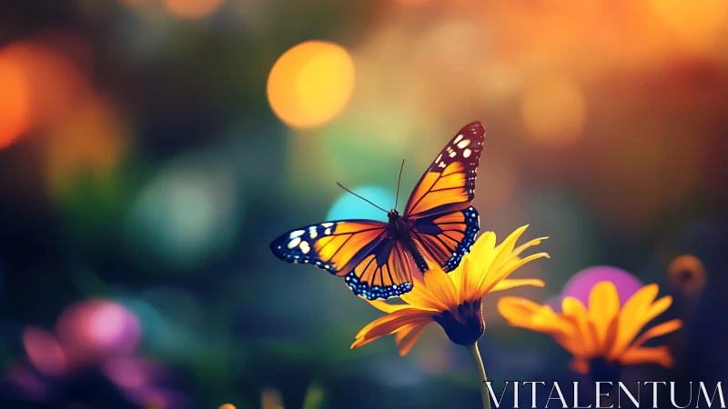 Sunlit butterfly pauses gently on glowing golden flower