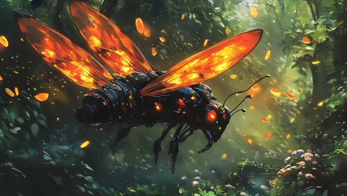 Mechanical firefly with glowing wings in dense forest scene.