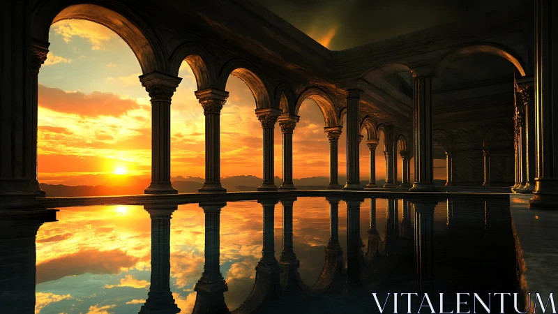 Sunlit colonnade reflects across tranquil mirrored pool