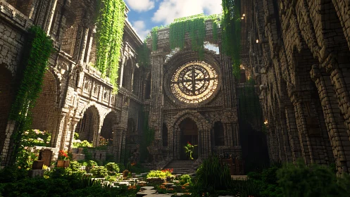 Ruined stone cloister courtyard with rose window and dense vines