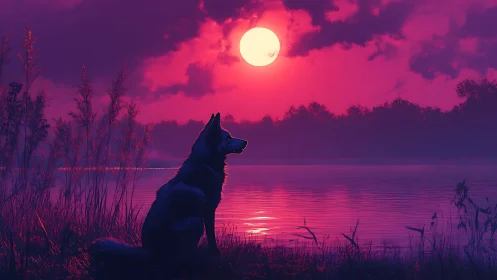 Dog silhouette by lakeside under vivid magenta sunset.