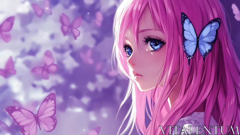 Pink haired anime girl with butterflies in violet scene.