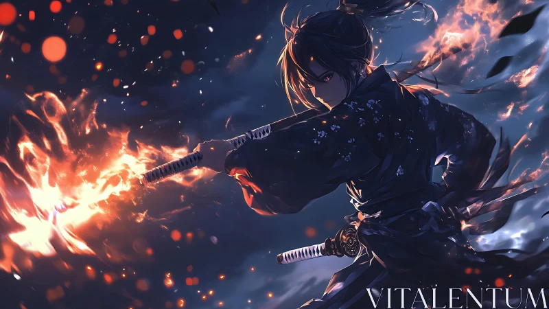 Samurai figure with dual katanas amid controlled fire effects.