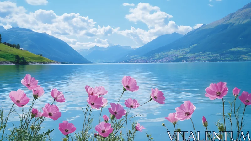 Soft pink flowers greet a calm blue lake and distant mountains