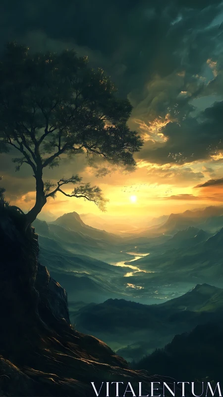 Sunset over distant mountains and winding river valley.