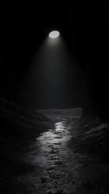 Circular overhead light illuminating narrow rocky ravine.