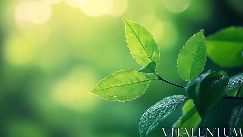 Backlit green leaves with dew against soft bokeh background.