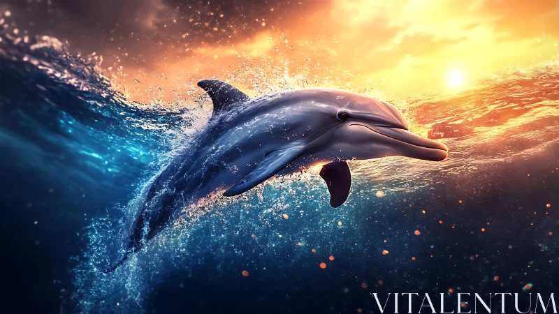 Radiant dolphin leaping through glowing sunset waves.
