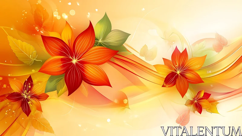 Radiant orange floral swirls dance across glowing light.