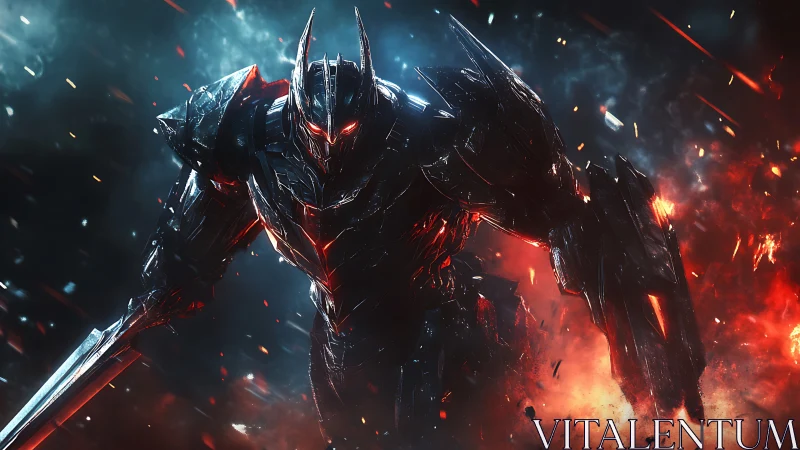 Hellfire war-mech strides through cosmic embers of war.