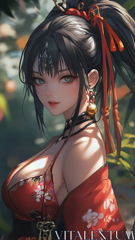 Scarlet kimono beauty in sunlit anime garden portrait.