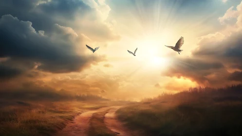 Radiant sunset landscape frames silhouetted birds in dynamic flight