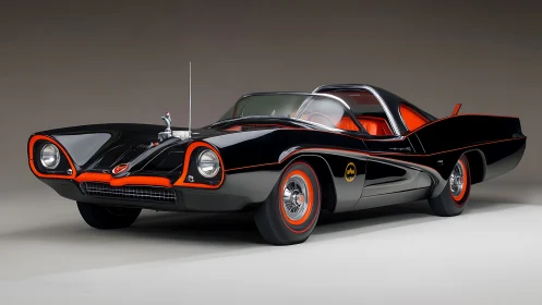 Photoreal studio rendering of classic black retro-futurist car.