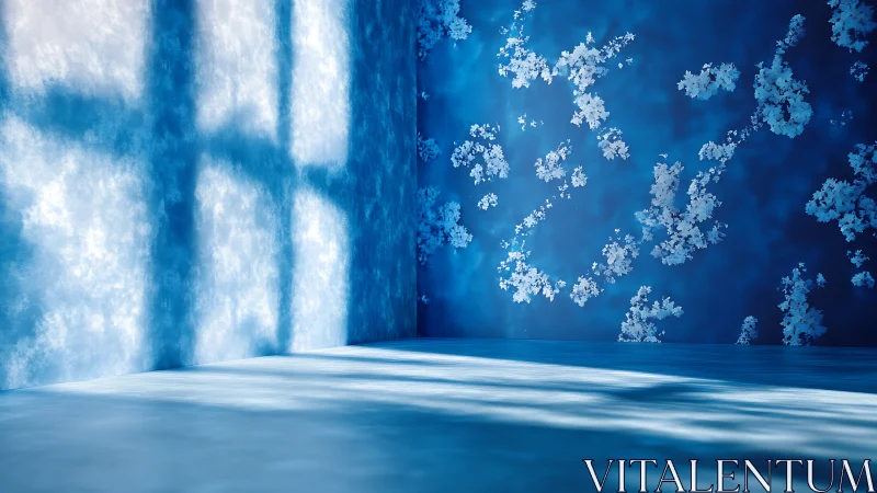 Blue interior space with window shadows and wall patterns.
