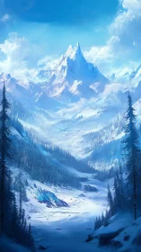 Glacial mountain valley under luminous winter sky.