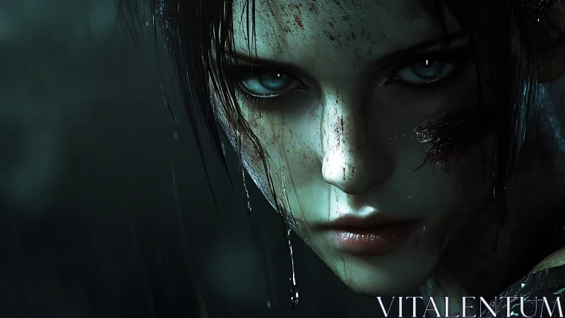 Fierce rain-soaked heroine holding her ground in silence.