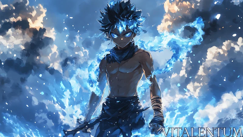 Storm-eyed fireweaver strides through a sky of blue embers