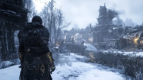 Lone warrior surveys a frozen ruined village at dusk