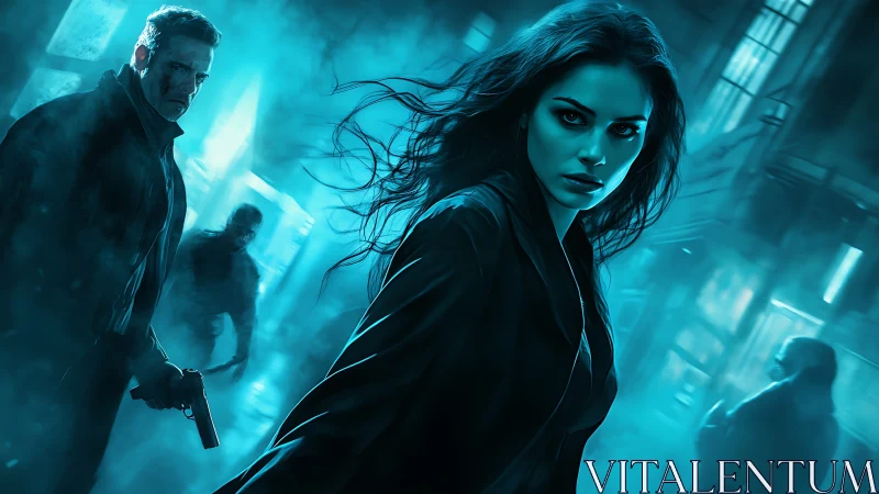 Neo-noir cyberpunk alley pursuit with cinematic teal grading.