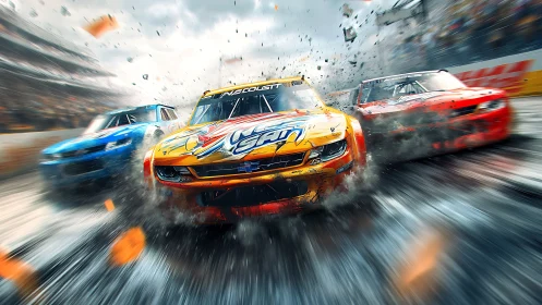 Stock cars in close racing contact on wet oval track.