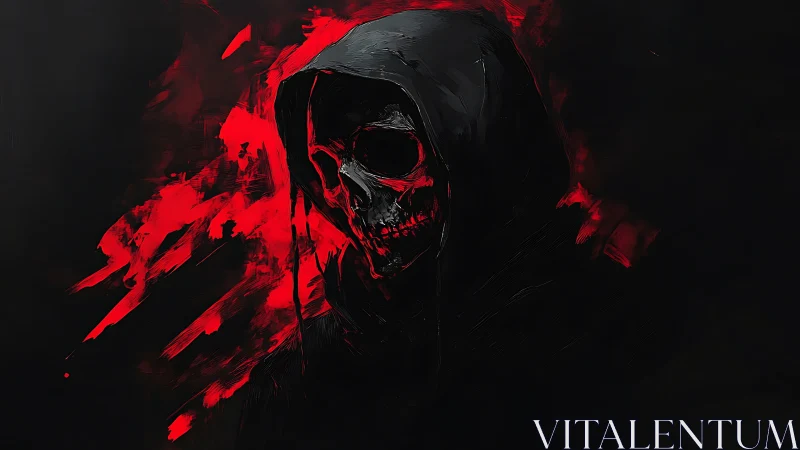 Hooded skeletal reaper emerges through violent crimson strokes.