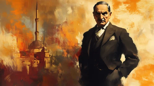 Dignified suited man stands before dramatic mosque skyline