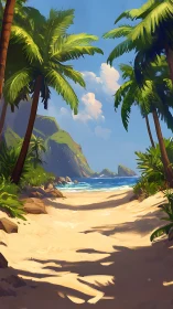 Tropical Beach Cove with Palms and Volcanic Headlands