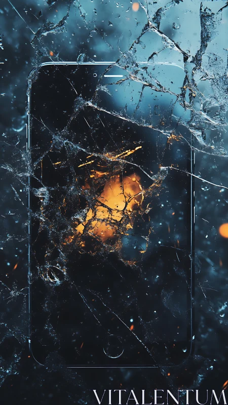Shattered smartphone glass with fiery bokeh core glow.