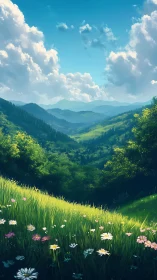 Sunlit wildflower hillside overlooks layered green valleys