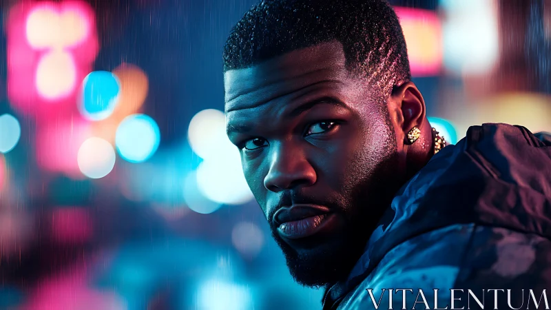 Cinematic portrait of man in neon night city rain bokeh