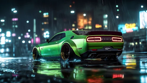 Neon-lit muscle car renders wet asphalt reflections with dynamic bokeh