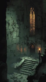 Gothic stone stairway in dim chamber with torchlit window.