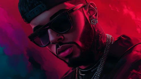 Neon-lit portrait leans into crimson shadows and quiet swagger